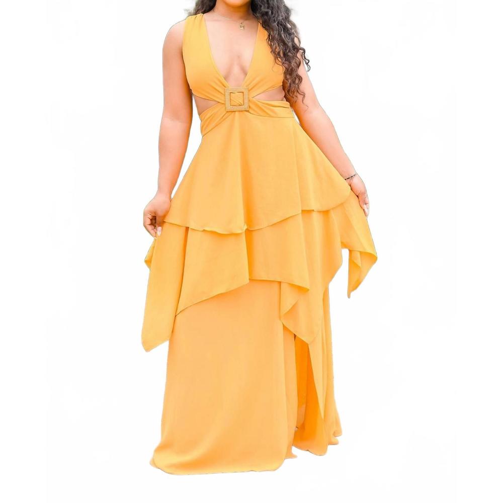 NEW SURELYMINE ruffle deep v neckline maxi dress in mustard